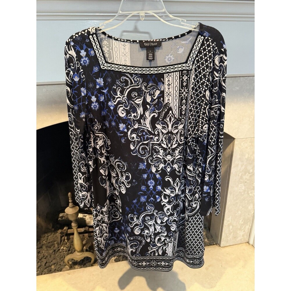 White House Black Market Scroll Print Square Neck Black And Blue Dress Size Larg
